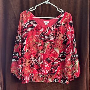 Cato Red Abstract Print Blouson Sleeve Tunic with Metallic Gold Detail